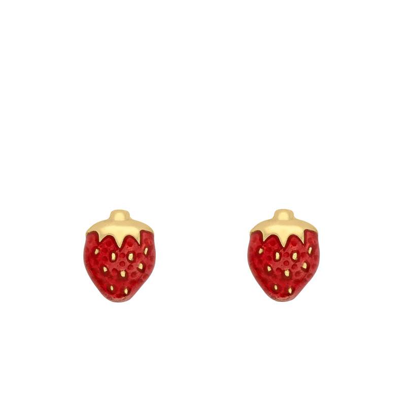 375 Yellow Gold & Enameled Strawberry Stud Earrings - Bambins