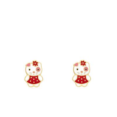 Kitty 375 Yellow Gold & Enamel Stud Earrings - Bambins