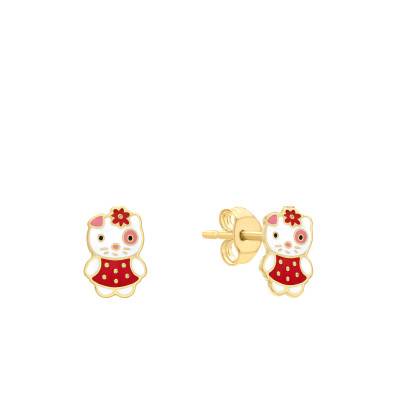 Kitty 375 Yellow Gold & Enamel Stud Earrings - Bambins