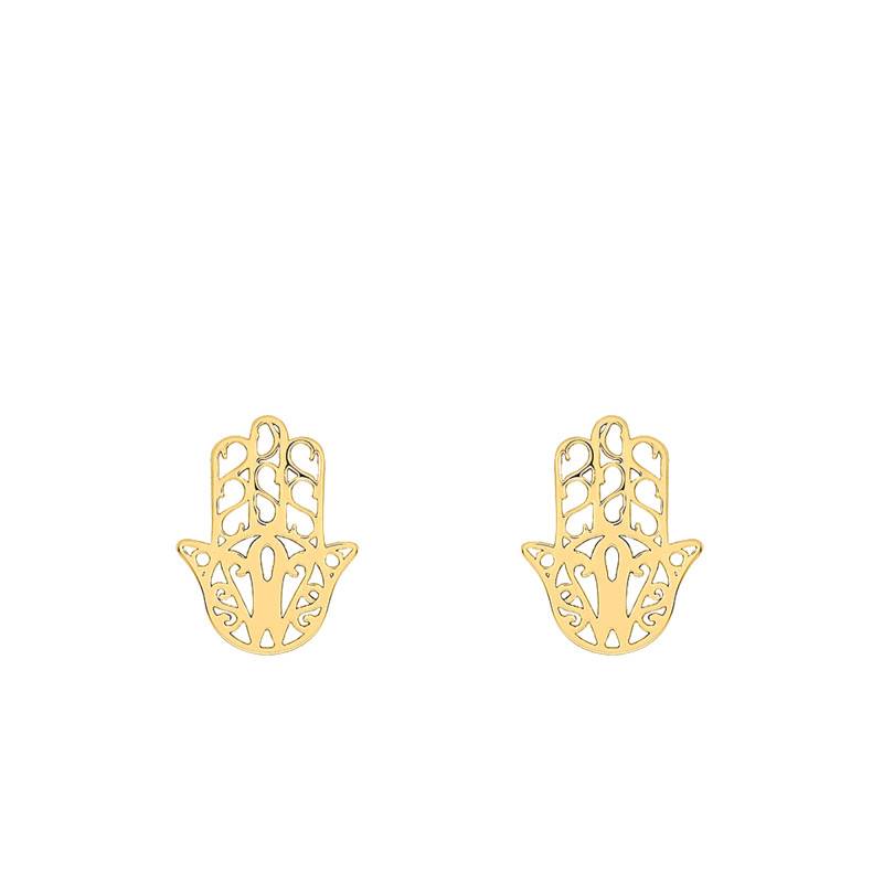 375 Yellow Gold Filigree Hamsa Hand Stud Earrings - Emanessence