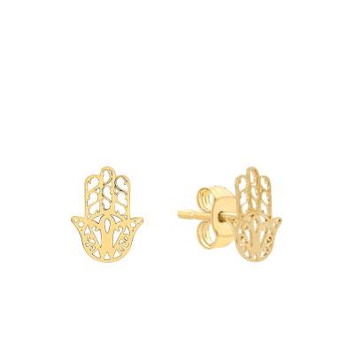 375 Yellow Gold Filigree Hamsa Hand Stud Earrings - Emanessence