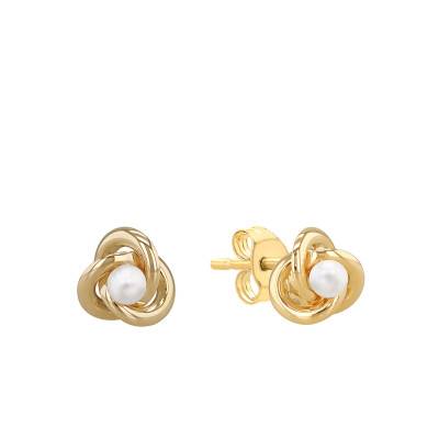 375 Yellow Gold & Freshwater Pearl Knot Stud Earrings - Emanessence