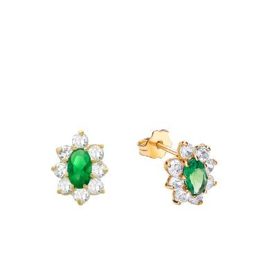 375 Yellow Gold, White & Green Cubic Zirconia Flower Stud Earrings - Emanessence