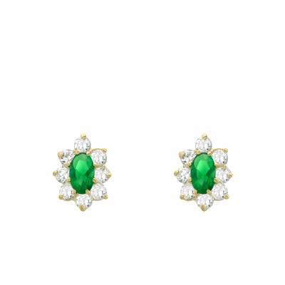 375 Yellow Gold, White & Green Cubic Zirconia Flower Stud Earrings - Emanessence