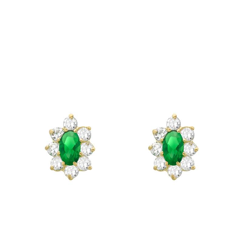375 Yellow Gold, White & Green Cubic Zirconia Flower Stud Earrings - Emanessence