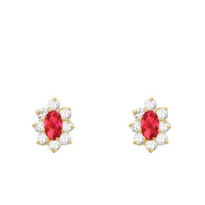 375 Yellow Gold, White & Red Zirconium Oxide Flower Stud Earrings - Emanessence