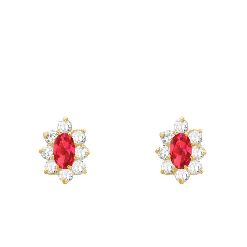375 Yellow Gold, White & Red Zirconium Oxide Flower Stud Earrings - Emanessence