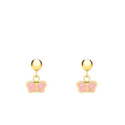 Boucles d'Oreilles Papillons en Or Jaune 375 & Émail Rose - Bambins