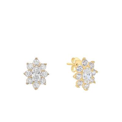 375 Yellow Gold & White Zirconium Oxide Flower Stud Earrings - Emanessence