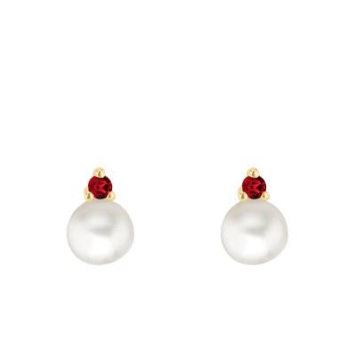 Boucles d'Oreilles en Or Jaune 375 & Oxyde de Zirconium Rouge et Perles d'Eau Douce - Emanessence