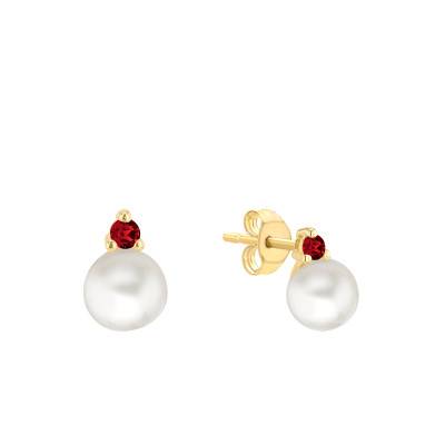 Boucles d'Oreilles en Or Jaune 375 & Oxyde de Zirconium Rouge et Perles d'Eau Douce - Emanessence