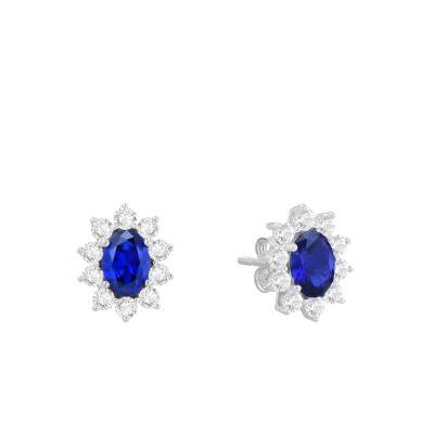 375 White Gold Earrings with 2 Oval Synthetic Sapphires & Cubic Zirconia Halo - Emanessence