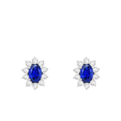 375 White Gold Earrings with 2 Oval Synthetic Sapphires & Cubic Zirconia Halo - Emanessence