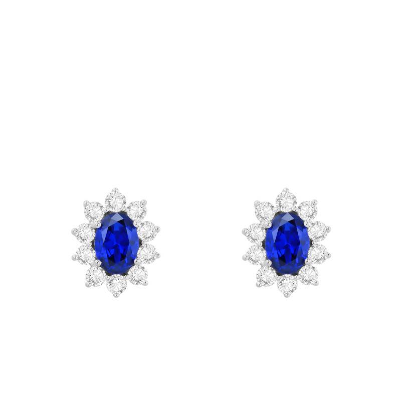 375 White Gold Earrings with 2 Oval Synthetic Sapphires & Cubic Zirconia Halo - Emanessence