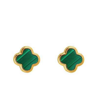 Gold-Plated 925 Silver & Malachite Clover Stud Earrings - Aurora
