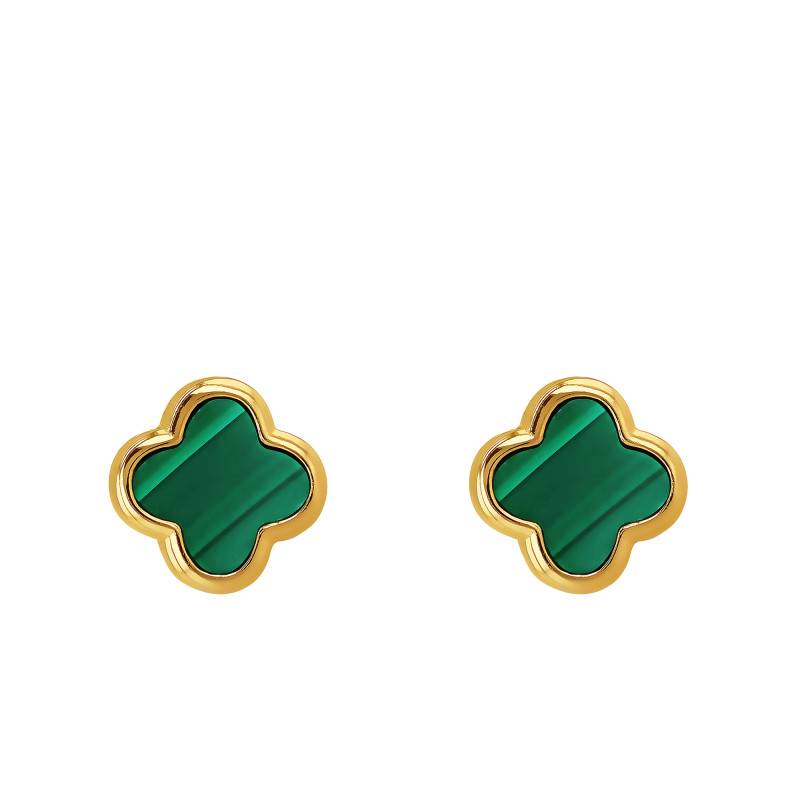 Gold-Plated 925 Silver & Malachite Clover Stud Earrings - Aurora