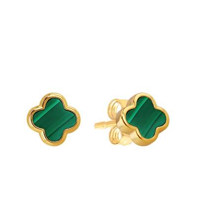Gold-Plated 925 Silver & Malachite Clover Stud Earrings - Aurora