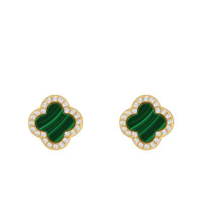 Boucles d'Oreilles Trèfle en Argent 925 Doré & Oxydes de Zirconium Blancs et Malachite - Aurora