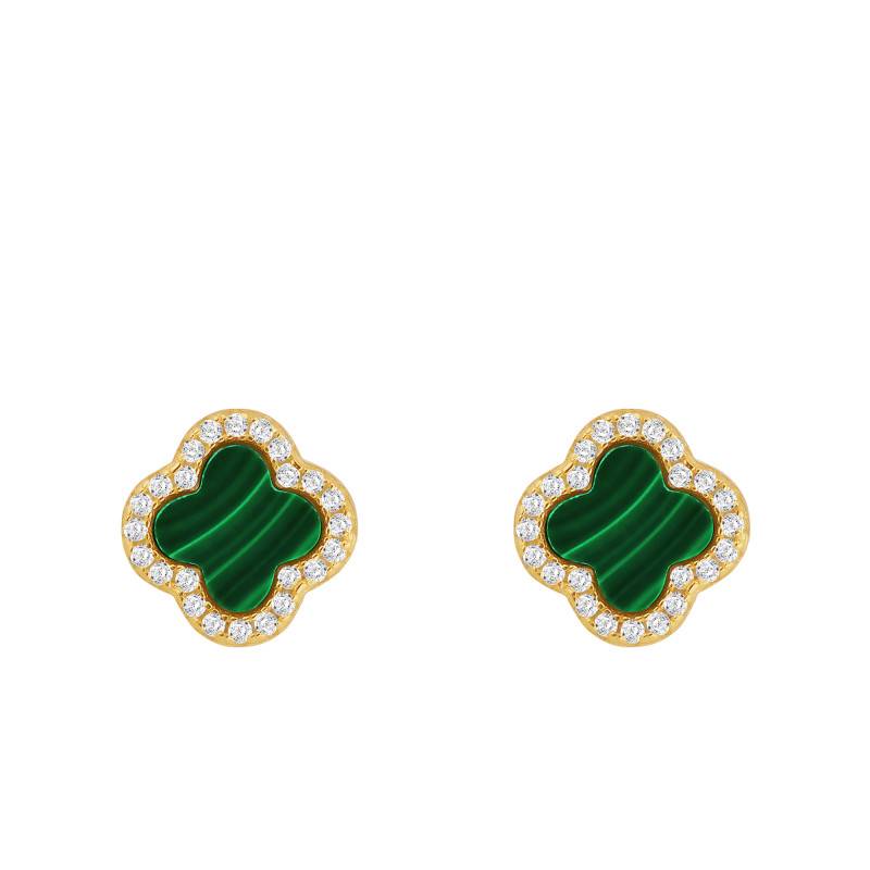Boucles d'Oreilles Trèfle en Argent 925 Doré & Oxydes de Zirconium Blancs et Malachite - Aurora