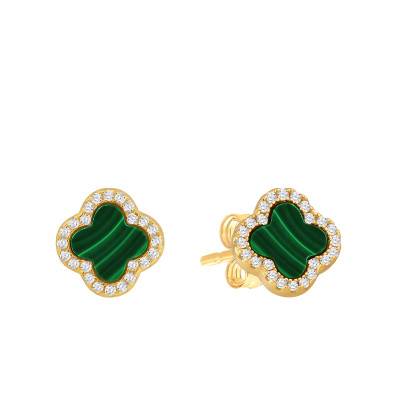 Boucles d'Oreilles Trèfle en Argent 925 Doré & Oxydes de Zirconium Blancs et Malachite - Aurora