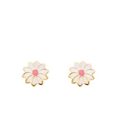 White Daisy Stud Earrings in 375 Yellow Gold & Enamel - Bambins
