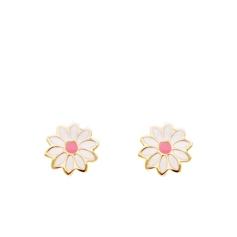 White Daisy Stud Earrings in 375 Yellow Gold & Enamel - Bambins