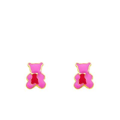 375/1000 Yellow Gold & Enamel Pink Teddy Bear Stud Earrings - Bambins