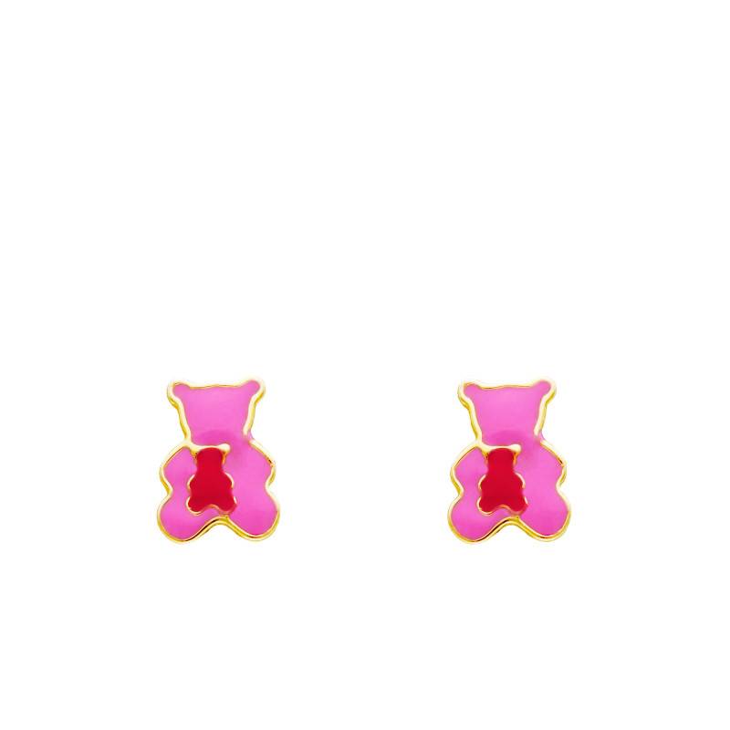 375/1000 Yellow Gold & Enamel Pink Teddy Bear Stud Earrings - Bambins