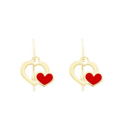 375/1000 Yellow Gold & Red Enamel Double Heart Leverback Earrings - Bambins