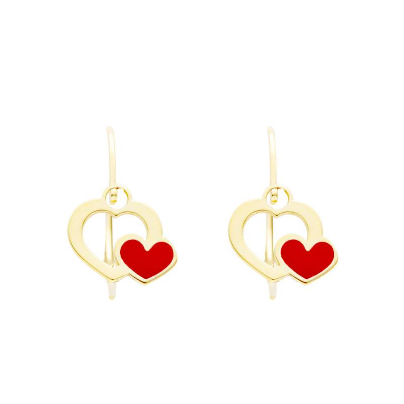375/1000 Yellow Gold & Red Enamel Double Heart Leverback Earrings - Bambins