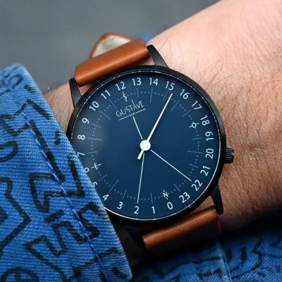 Montre 24H Antoine Noir & Bleu Cuir Marron Havane 40mm - Gustave & Cie