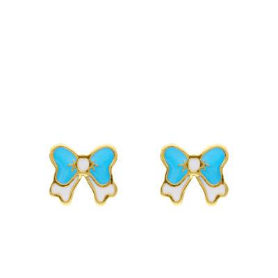 Boucles d'Oreilles en Or Jaune 375 & Email et Turquoise - Bambins
