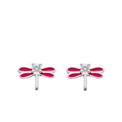 925 Silver & Zirconia Pink Enamel Dragonfly Stud Earrings - Bambins