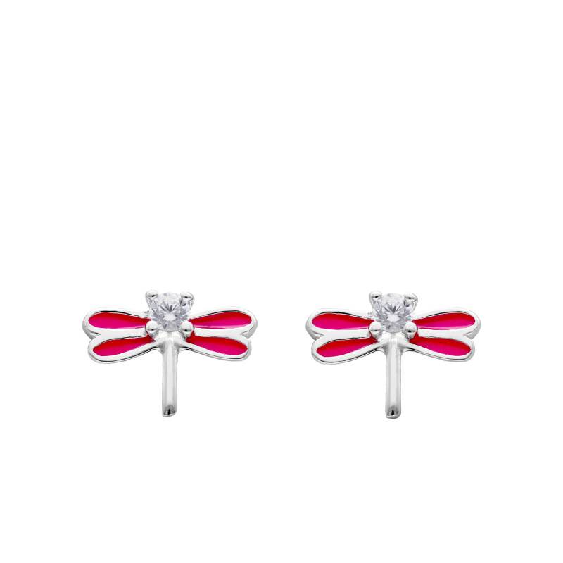 Boucles d'Oreilles Libellules en Argent 925 & Oxyde de Zirconium et Email Rose - Bambins