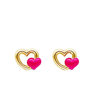 375/1000 Yellow Gold & Pink Enamel Double Heart Stud Earrings - Bambins