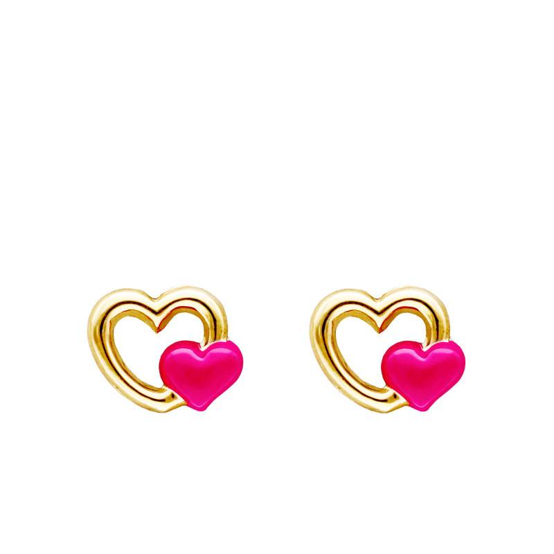 375/1000 Yellow Gold & Pink Enamel Double Heart Stud Earrings - Bambins
