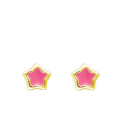 375/1000 Yellow Gold & Enamel Pink Star Stud Earrings - Bambins