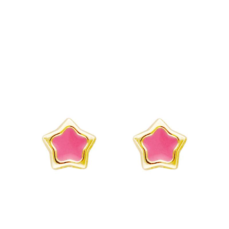 375/1000 Yellow Gold & Enamel Pink Star Stud Earrings - Bambins
