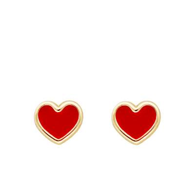 Red Enamel & 375/1000 Yellow Gold Heart Stud Earrings - Bambins