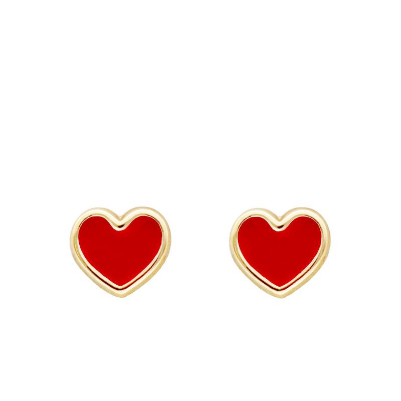 Red Enamel & 375/1000 Yellow Gold Heart Stud Earrings - Bambins