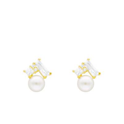 375/1000 Yellow Gold & Cubic Zirconia and Freshwater Cultured Pearl Stud Earrings - Emanessence