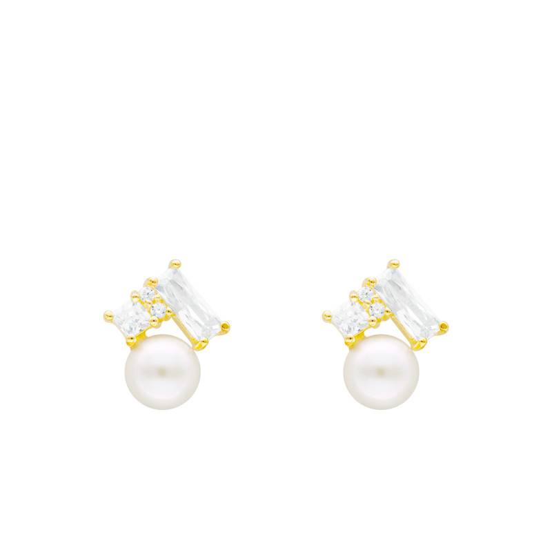375/1000 Yellow Gold & Cubic Zirconia and Freshwater Cultured Pearl Stud Earrings - Emanessence