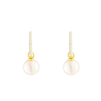 375 Yellow Gold, Cubic Zirconia & Freshwater Pearl Hoop Earrings - Emanessence