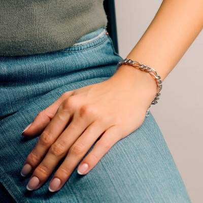 925 Silver Double Alternating Link Bracelet, Length 21 cm - Manillon