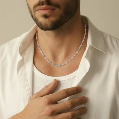 Chaîne Maille Gourmette Torsadée en Platine, Longueur 46 cm, Largeur 1,30 mm - Emanessence