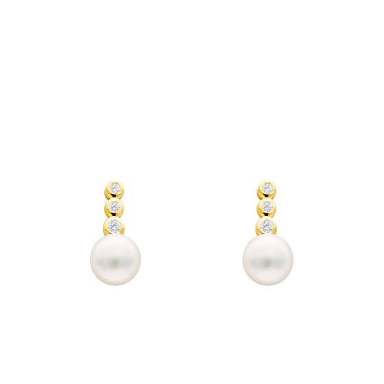 Boucles D'oreilles En Or 9 Carats Avec Zirconium Et Perle D'eau Douce - Neuf Avec étiquettes