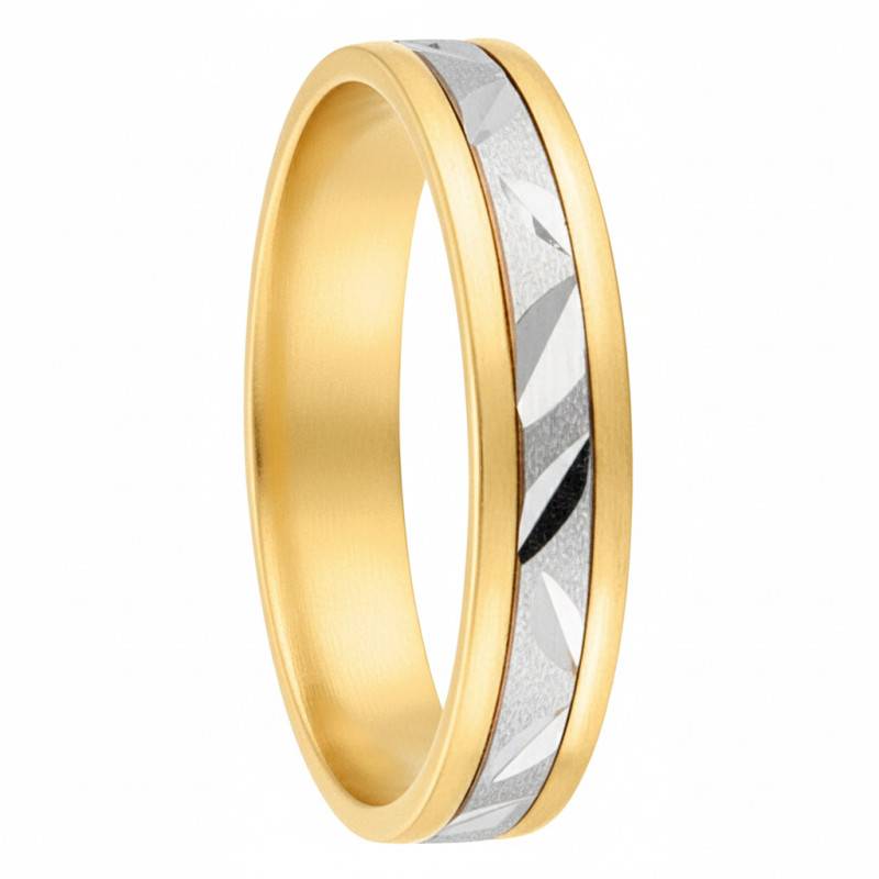 Two-Tone 750 Gold Matte Chiseled Standard Domed Wedding Ring, Width 4 mm - Fair'Belle