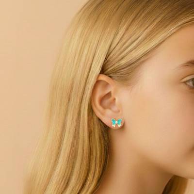 Boucles d'Oreilles en Or Jaune 375 & Email et Turquoise - Bambins