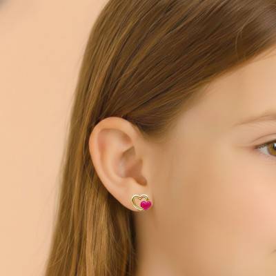 Boucles d'Oreilles Motif Double Coeurs en Or Jaune 375 & Email Rose - Bambins
