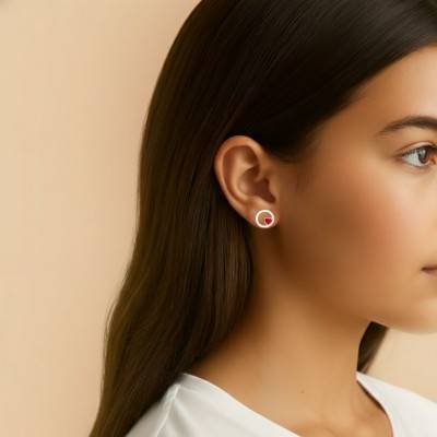 925/1000 Silver & Red Enamel Round Heart Stud Earrings - Bambins